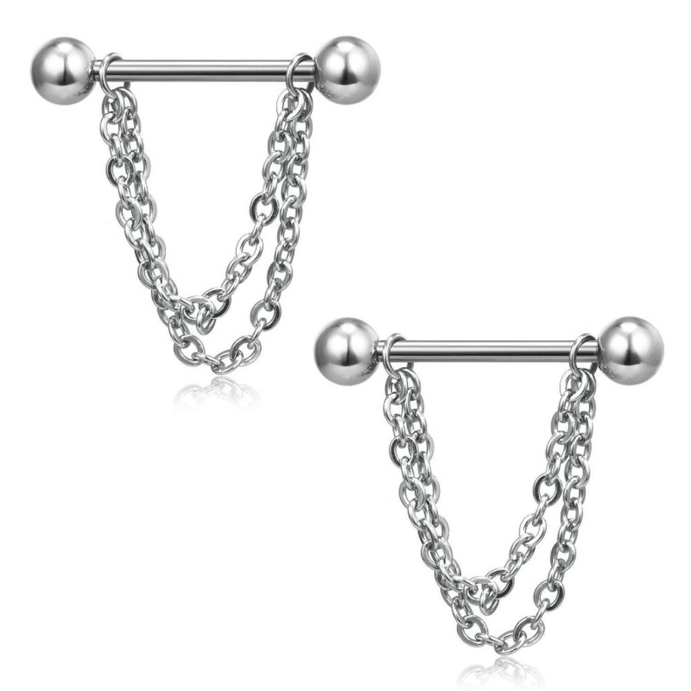 Nipple Piercing ~ Per Pair ~ Double W/Dangle Silver Chain